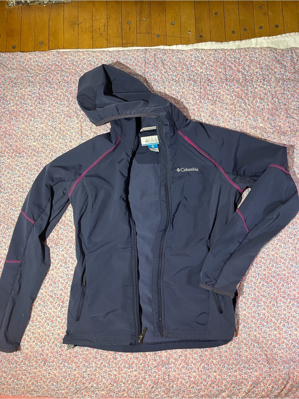 Columbia Navy Blue Softshell Jacket with Pink Stitching